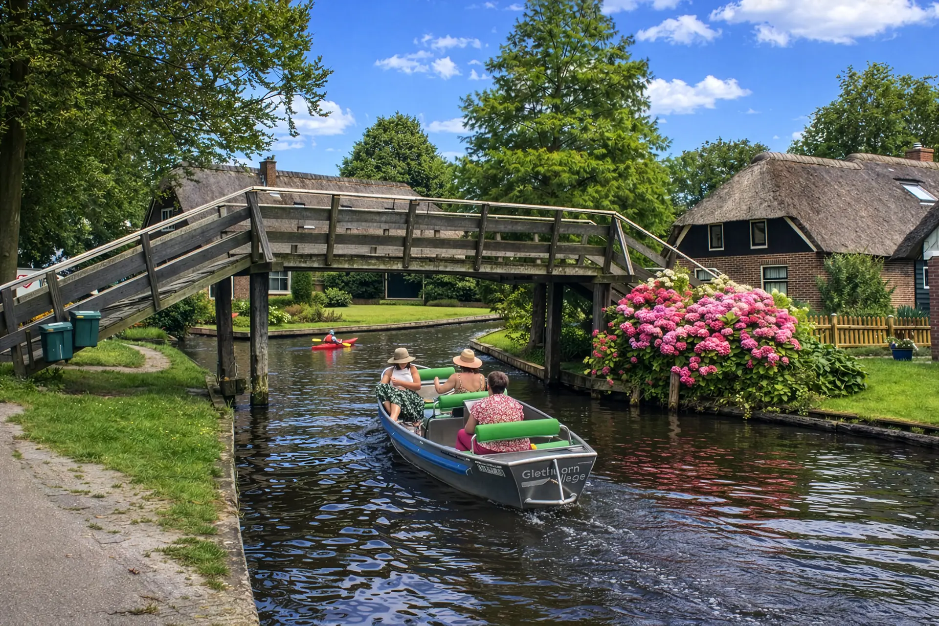 Tourists sailing in a rental boat in Giethoorn Village